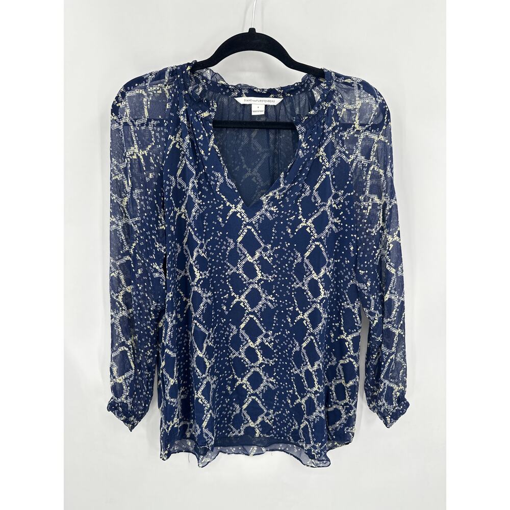 Diane Von Furstenberg Leysa 100% Silk Navy Blue Blouse Size 4